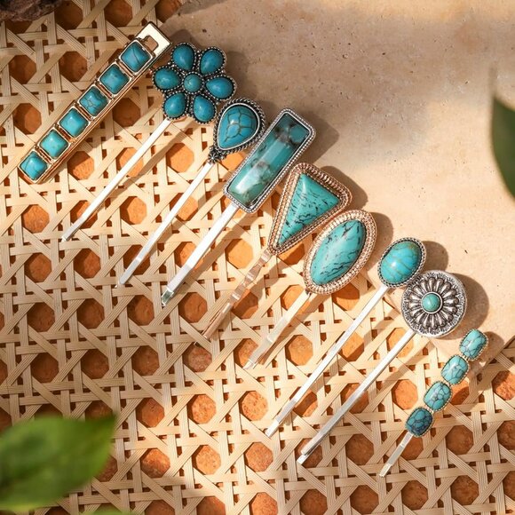 Retro Beads Created Turquoise Hairpins Set of 2 Women's Hair Accessories Bohemia - Picture 7 of 7